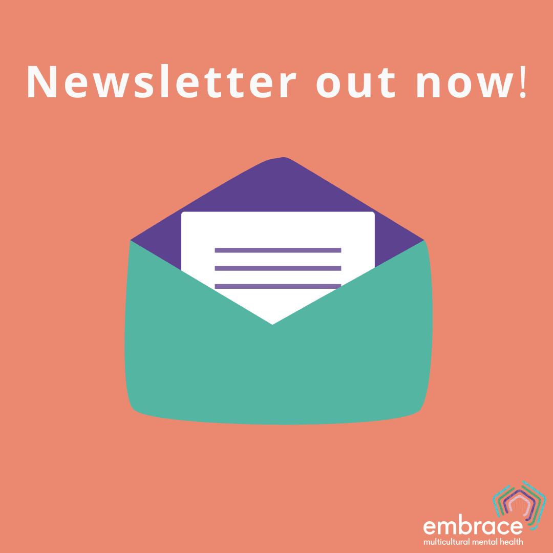 Orange background with newsletter icon and Embrace logo